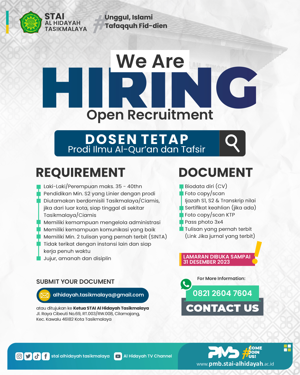 lowongan dosen tetap prodi IAT