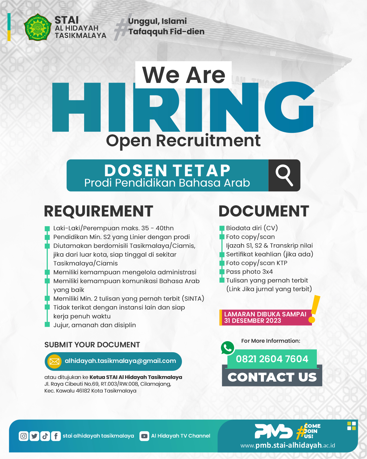 lowongan dosen tetap prodi PBA